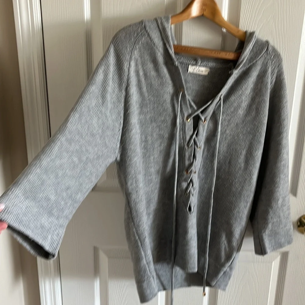 Elan Womens Lace Up Hoodie Sweater Size Small Gray 3/4 Sleeves Oversized BOHO - Picture 3 of 8